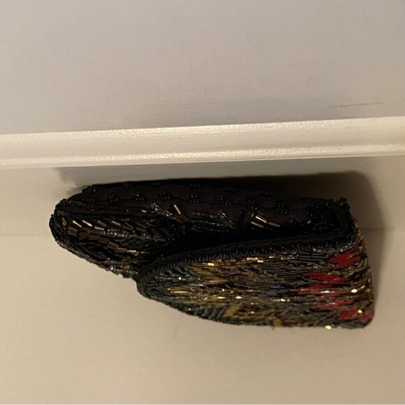 VINTAGE HANDMADE BAG CROSSBODY SHOULDER BEADED BLACK BROWN GOLD RED LONG STRAP - Picture 12 of 14